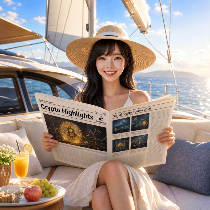 A woman in a sun hat reads a "Crypto Highlights" newspaper on a yacht, with visible headlines about the "Global Crypto Summit 2026" and Bitcoin imagery, illustrating a relaxed summer setting for ZARGATES' July 2026 Crypto Market Monthly Highlights covering Bitcoin's ~+8% gain and Ethereum's strong outperformance.