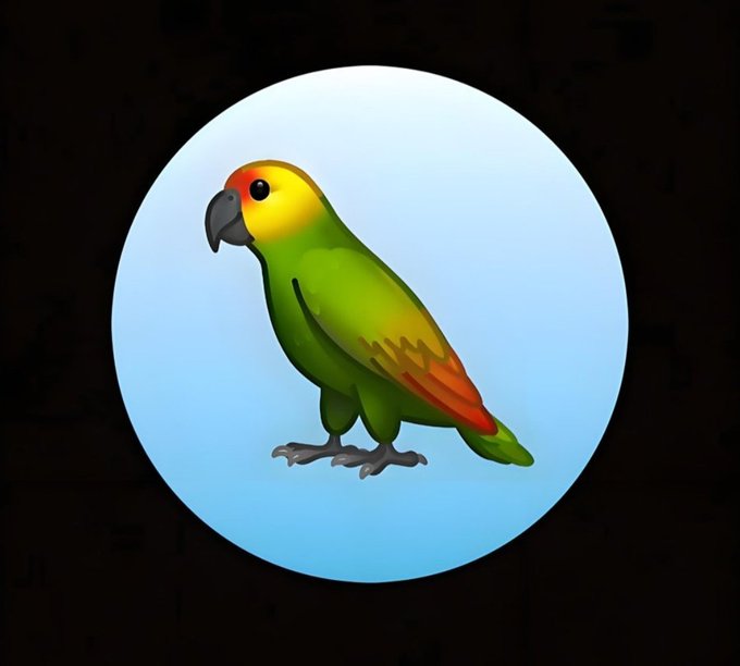 A digital illustration depicts a green and yellow parrot with red accents standing within a light blue oval frame on a dark background.