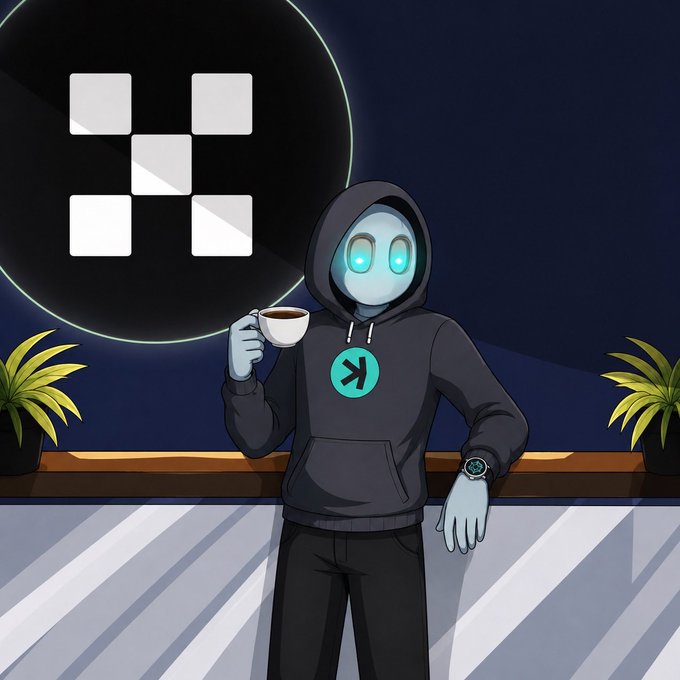 A hooded robot with glowing blue eyes stands in a sleek room, wearing a sweatshirt featuring the "X" symbol of the OKX exchange and holding a coffee cup. Behind it, a large illuminated OKX logo is displayed, reinforcing the promotional post's offer of an 8% deposit bonus for European new users to trade on the OKX platform.