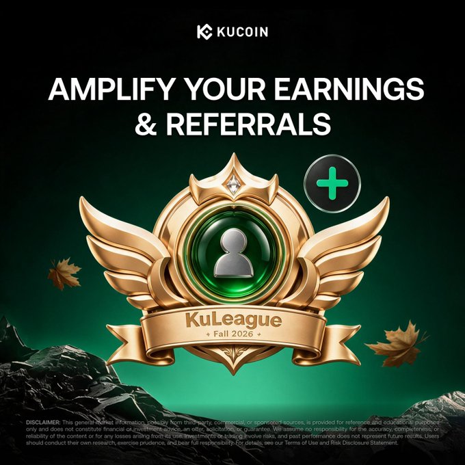 A KuCoin promotional graphic for "KuLeague Fall 2026" featuring a gold winged badge emblem with a user icon, promoting the "Amplify Your Earnings & Referrals" campaign offering up to 35% commission boosts through referrals. The autumnal-themed design with falling leaves aligns with the post's invitation to squad up and boost trading commissions via the KuTrader Alliance leaderboard challenge.