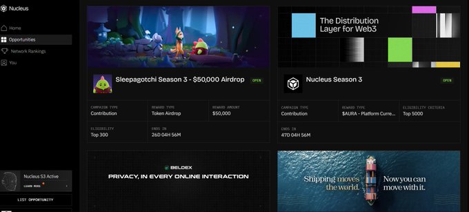 A screenshot of the Nucleus platform showing 'Opportunities' tab with featured campaigns including 'Sleepagotchi Season 3 - $50,000 Airdrop' and 'Nucleus Season 3,' along with other promotional tiles.