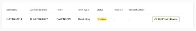 A pending coin listing request for RAMENCOIN submitted on 17 Jul 2026, with a 'Get Priority Review' button.