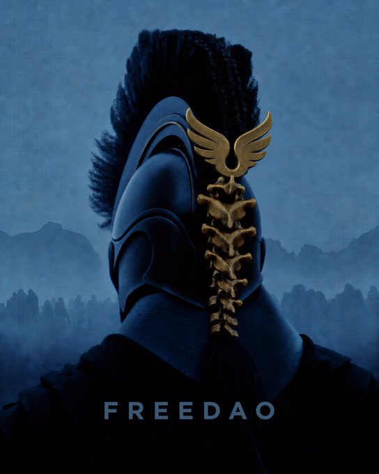 A stylized digital portrait of a Roman centurion helmet with a dark plume and golden eagle decorations against a moody, foggy background, featuring the word 'FREEDAO' at the bottom.