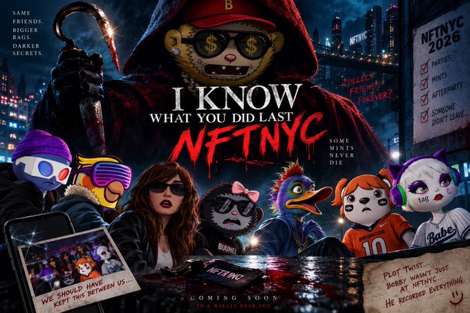 A horror-style parody movie poster titled 'I KNOW WHAT YOU DID LAST NFTNYC,' featuring creepy NFT-themed mascots in a city setting, with the tagline 'SAME FRIENDS. BIGGER BAGS. DARKER SECRETS.'