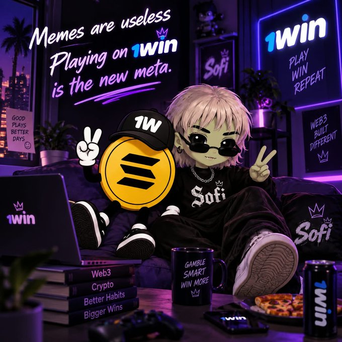 A neon purple promotional image for 1win features cartoon characters, a Solana coin, laptop, books, and the text “Memes are useless / Playing on 1win is the new meta.”
