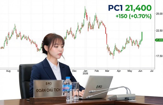 A young woman in a dark blue blazer sitting at a desk with a laptop, positioned in front of a large stock chart showing 'PC1 21,400 +150 (+0.70%)'.