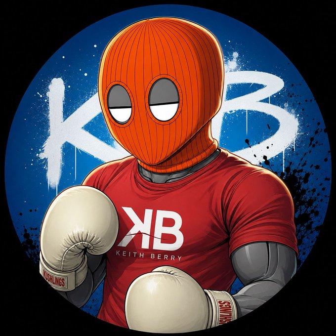 A cartoon-style NFT illustration depicts a masked boxer in an orange balaclava and red "KB / KEITH BERRY" shirt, sporting white "KISHLINGS" boxing gloves against a blue graffiti "KB" backdrop—visually reinforcing the post's enthusiastic claim that NFTs remain culturally cool.