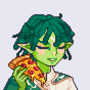 Pixel art of a green-skinned elf character with teal hair holding a slice of pepperoni pizza.