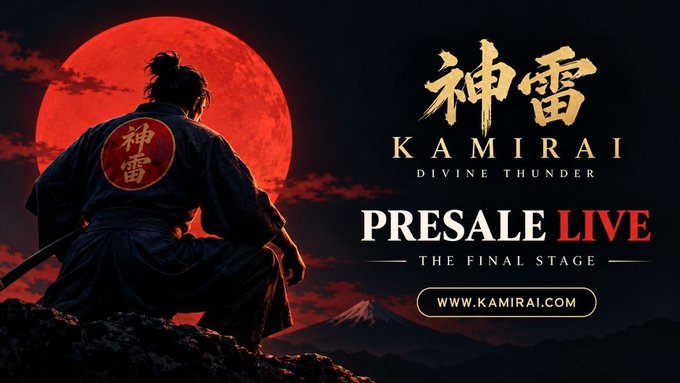 The promotional image features a samurai warrior with the kanji "神雷" (Kamirai) on his back, sitting before a blood-red moon, with bold text reading "KAMIRAI DIVINE THUNDER — PRESALE LIVE — THE FINAL STAGE" alongside the website www.kamirai.com, visually capturing the anime-inspired, Japanese warrior aesthetic described in the post about the project's playful mascot storyline.
