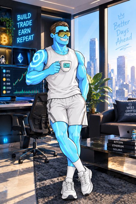 An illustrated blue-skinned man wearing sunglasses and a tank top with 'GM' stands in a modern apartment holding a coffee mug, with a 'BUILD TRADE EARN REPEAT' neon sign, crypto price screens, and a city view visible behind him.
