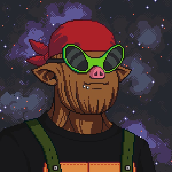 A pixel art portrait of a brown-skinned humanoid character with a pig nose, wearing bright green sunglasses, a red bandana, and orange overalls against a starry night sky.