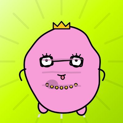 A cartoon illustration of a round pink character wearing a yellow crown, glasses, and a pearl necklace against a lime green background.