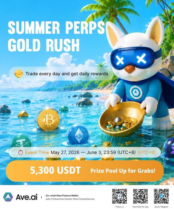 The image features a poster for an event called "Summer Perps Gold Rush" that takes place from May 27th to June 3rd, 2026. The poster includes a cartoon goldfish holding a golden coin and a picture of a goldfish wearing a blue mask with a red eye. The text on the poster encourages people to participate in the event by trading Bitcoin or other digital assets for rewards.