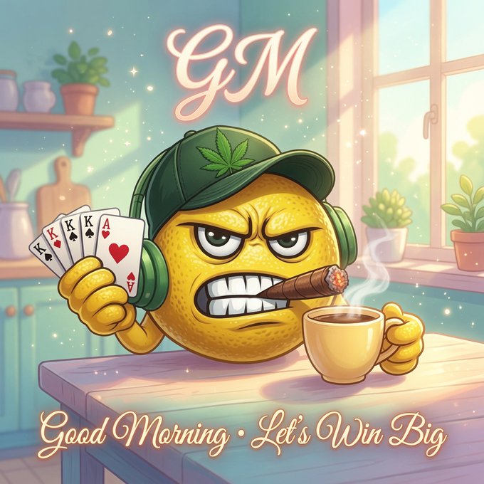 Cartoon illustration of a yellow citrus character wearing a green cap and headphones, holding four kings and smoking a cigar over coffee, with text 'GM Good Morning • Let's Win Big'.