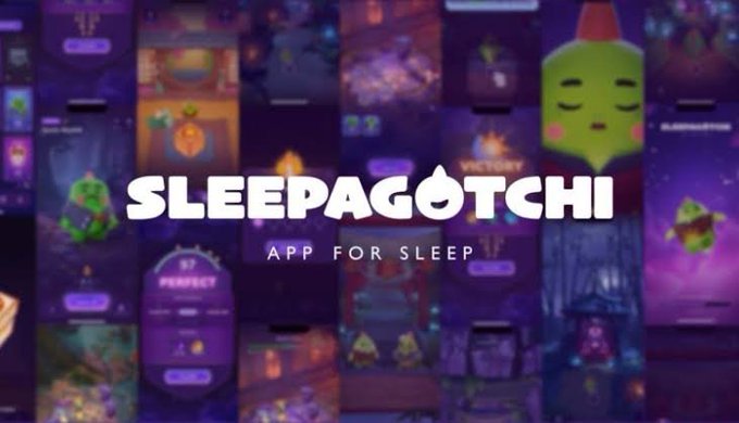 Promotional image for the 'Sleepagotchi' app for sleep, featuring a green character and dark purple game interface screens in the background.