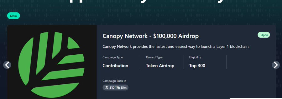 An airdrop promotion page for 'Canopy Network' offering a $100,000 token airdrop with a contribution campaign type and 'Top 300' eligibility, ending in 31 days, 17 hours, and 35 minutes.