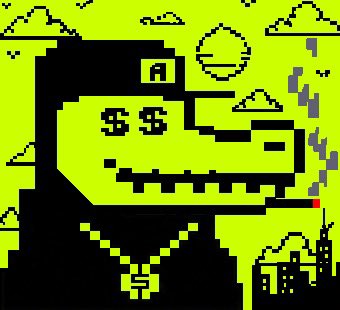 A pixel-art green crocodile wearing a black "A" cap and gold dollar sign chain smokes a cigar, with dollar signs for eyes and a cityscape in the background—fittingly representing the "PxGators" partnership with 5555 free mint pixel art.