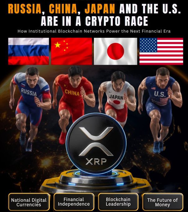 A promotional graphic titled "Russia, China, Japan and the U.S. Are in a Crypto Race" depicts four sprinters in national uniforms racing toward an XRP coin pedestal, highlighting themes of National Digital Currencies, Financial Independence, Blockchain Leadership, and The Future of Money to reinforce the bullish sentiment on $XRP's role in the global digital asset competition.