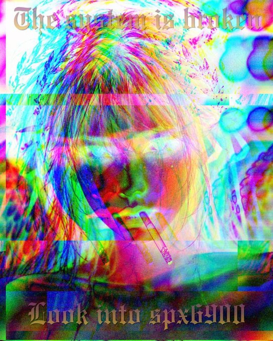 A colorful, glitchy, psychedelic digital artwork of a face with text reading 'The system is broken' at the top and 'Look into spxkyou' at the bottom.