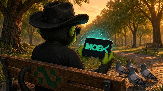 An illustrated scene of a green character wearing a black cowboy hat and sunglasses sitting on a park bench, using a tablet that displays the glowing green text 'MOB', with three pigeons nearby in a sunset-lit forest path.