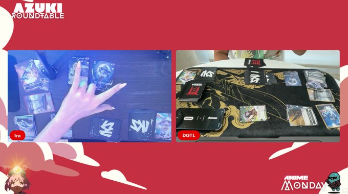 An 'AZUKI ROUND TABLE' livestream screenshot showing a split view of two players' hands manipulating trading card game decks on playmats, tagged 'fra' and 'DGTL'.
