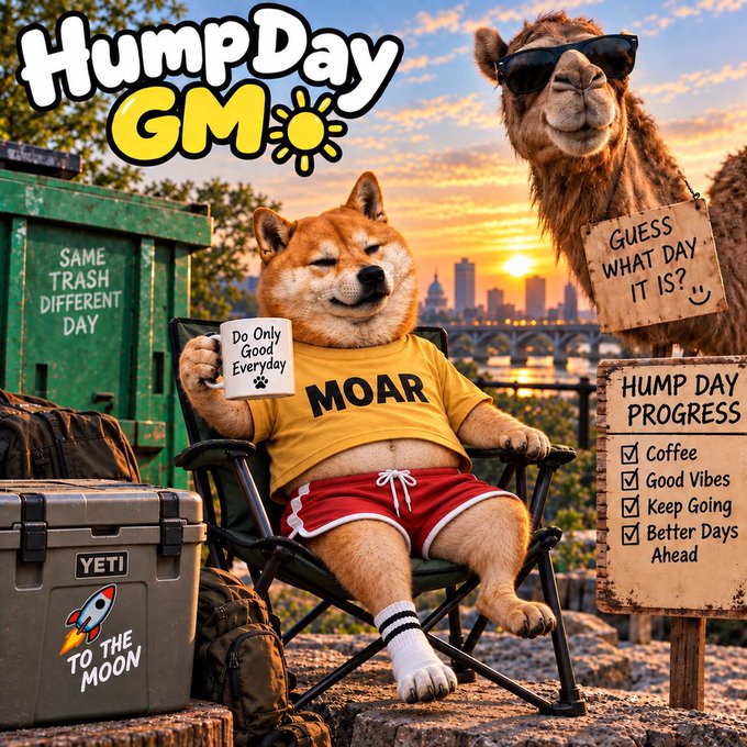 A 'HumpDay GM' crypto-themed meme showing a Shiba Inu dog in a 'MOAR' shirt relaxing in a chair next to a camel with sunglasses, with a 'HUMP DAY PROGRESS' checklist and a 'YETI' cooler labeled 'TO THE MOON'.