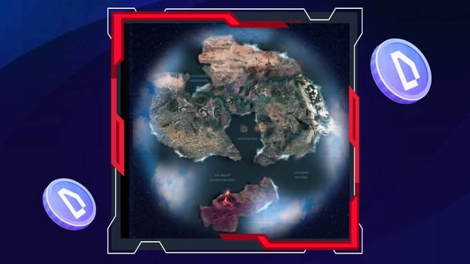 A top-down view of a video game island map labeled with regions like 'ANCIENT BATTLEGROUND', 'FIERY MOON', and 'THE GREAT NAMELESS WEST', surrounded by red frame elements and blue 'D' tokens.