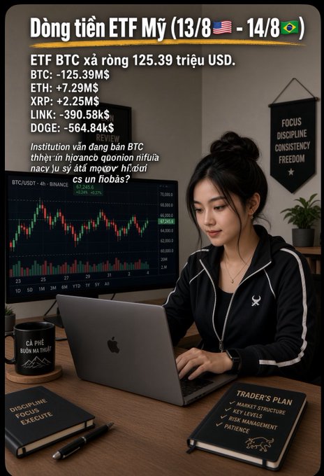 A Vietnamese financial infographic titled 'Dòng tiền ETF Mỹ' showing US ETF flows on 13/8 - 14/8 with BTC at -125.39M$, ETH at +7.29M$, XRP at +2.25M$, LINK at -390.58k$, and DOGE at -564.84k$, featuring an illustration of a woman trader at a laptop.