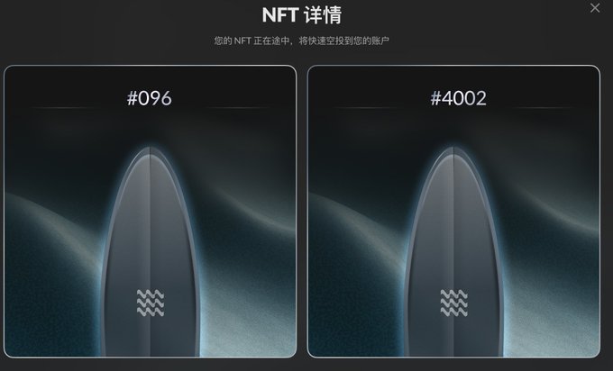 An NFT detail screen showing two surfboard-shaped NFTs labeled "#096" and "#4002" with Aquarius zodiac wave icons, with Chinese text "NFT 详情" (NFT Details).