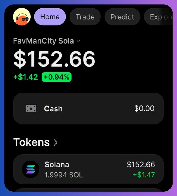 A crypto wallet app interface showing a portfolio named 'FavManCity Sola' with a balance of $152.66 (+0.94%), holding 1.99994 SOL (Solana).