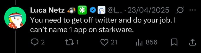 The image features a black background with white text that reads "You need to get off twitter and do your job. I can't name 1 app on stargware." The post appears to be about a person named Luca Netz who is using Twitter for his job, but he has not been utilizing the platform effectively. The image also includes a small cartoon penguin in the bottom left corner of the frame.