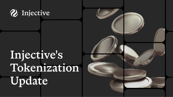 A promotional graphic for Injective titled 'Injective's Tokenization Update' featuring the Injective logo and an arrangement of metallic gold and silver tokens on a dark tiled background.