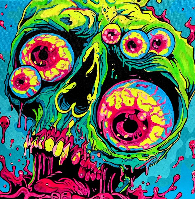 The image features a skull with multiple eyes, painted in bright colors of pink, green, yellow, blue, and red. The skull appears to be melting or oozing, adding an element of surrealism to the artwork. The background of the painting is a dark blue color, which contrasts with the vibrant colors of the skull. The image also includes text that reads "GM and happy Sunday! 16/25 remain - 10xtz All proceeds from this one go to support other tezos artists".