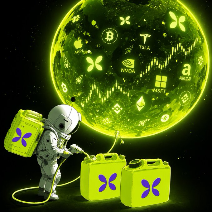A digital artwork of an astronaut fueling yellow containers marked with an 'X' symbol, set against a glowing green moon displaying stock tickers like AAPL, TSLA, NVDA, MSFT, and AMZN.