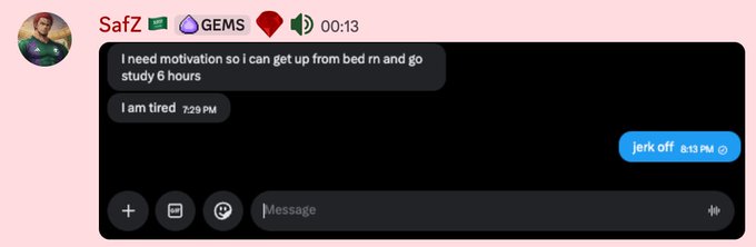 A Snapchat conversation shows a user named "SafZ" in a group chat with "GEMS" at 8:13 PM, expressing fatigue ("I am tired" at 7:29 PM) and asking for motivation to study 6 hours, to which someone replied "jerk off" — humorously reflecting the post's recap of June struggles, including making and losing money and dealing with repeated setbacks.