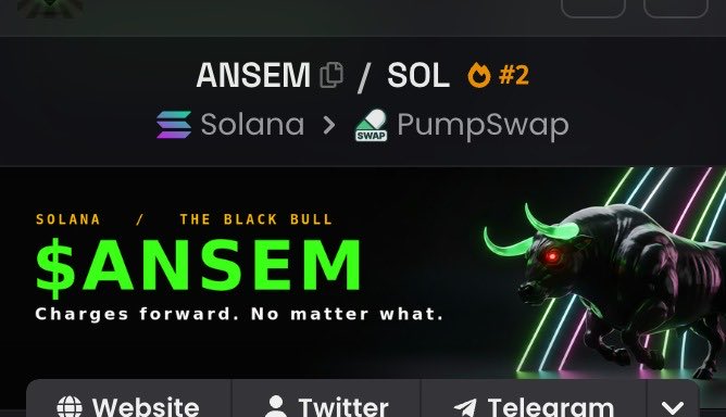 The image displays a Dexscreener listing for the memecoin "$ANSEM" on the Solana blockchain via PumpSwap, ranked #2 on the SOL trending list. It features a neon green "$ANSEM" ticker alongside an aggressive black bull mascot with glowing red eyes, visually reinforcing the post's emphasis on the token's strong trending momentum and widespread trader exposure on the platform.