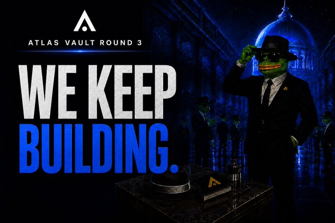 A promotional banner for 'ATLAS VAULT ROUND 3' featuring the text 'WE KEEP BUILDING.' alongside a green Pepe the Frog character dressed in a suit, fedora, and sunglasses.