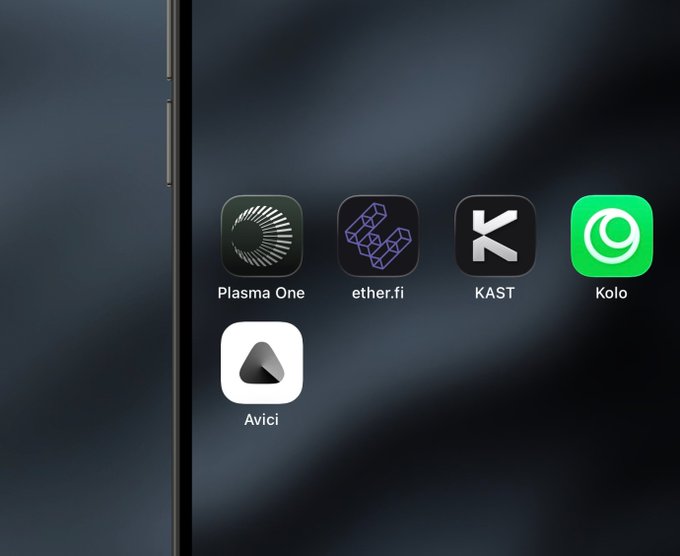 iphone screen displays four app icons, including "POWER", "KOLO", and "KAST" against a black background with white text.