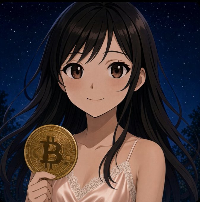An anime-style illustration of a dark-haired girl holding a large gold Bitcoin coin against a starry night sky.