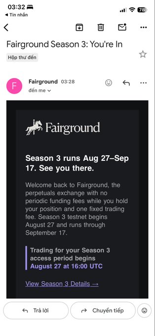 An email screenshot from 'Fairground' announcing 'Season 3 runs Aug 27-Sep 17' for a perpetuals exchange with no funding fees, in Vietnamese language settings.