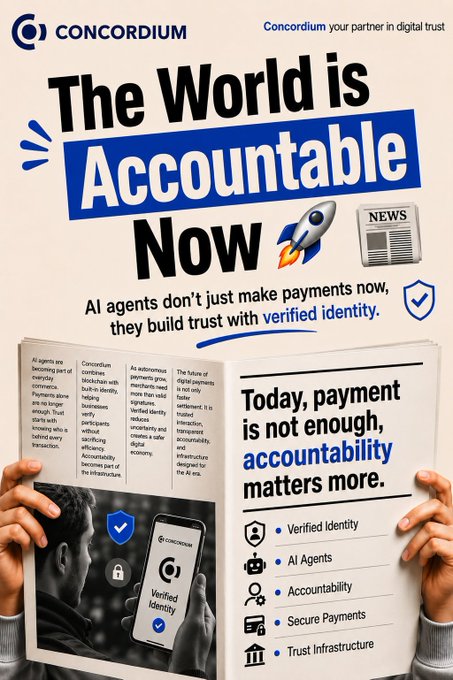 Concordium promotional poster titled 'The World is Accountable Now' emphasizing that AI agents build trust with verified identity, highlighting features like AI Agents, Accountability, Secure Payments, and Trust Infrastructure.