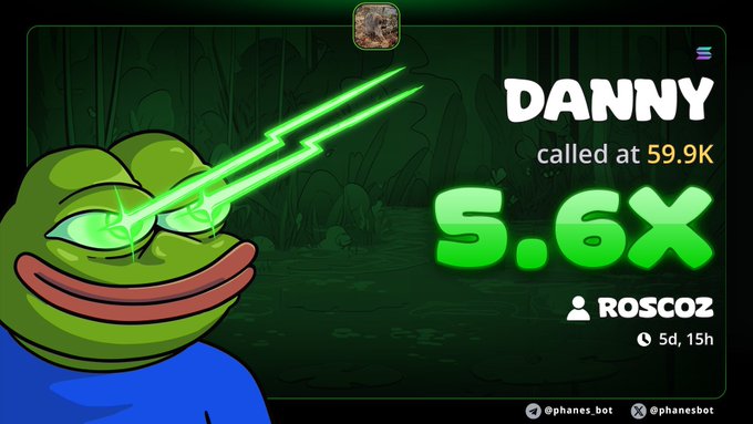 The image shows a Pepe the Frog meme character with glowing green laser eyes, alongside text announcing "DANNY" was called at 59.9K with a "5.6X" multiplier, credited to user "ROSCOZ" with a timestamp of "5d, 15h."