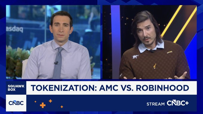 This CNBC "Squawk Box" broadcast features host Andrew Ross Sorky discussing tokenization with a guest, under the headline "TOKENIZATION: AMC VS. ROBINHOOD" ($HOOD), suggesting a conversation about whether AMC Entertainment and Robinhood may be the next companies to embrace blockchain-based tokenization of their assets.