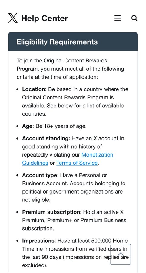 A screenshot of the 'X Help Center' detailing the 'Eligibility Requirements' for the Original Content Rewards Program, which include location, age (18+), account standing, account type, a premium subscription, and at least 500,000 Home Timeline impressions in the last 90 days.