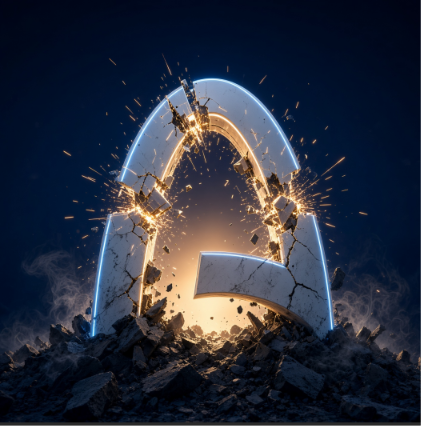 A dramatic 3D render shows a glowing blue arched portal or symbol shattering into pieces amid sparks and debris against a dark background.