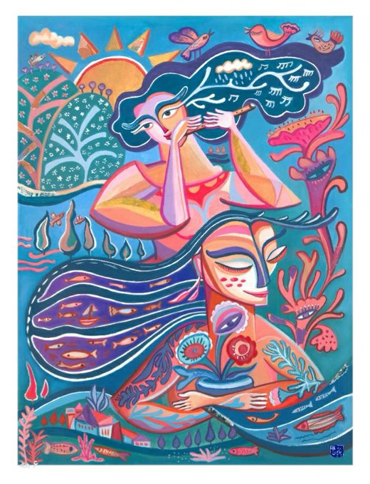 A colorful, stylized folk-art style painting featuring two figures—one playing a flute with musical notes floating from it, and another below with closed eyes—surrounded by birds, fish, coral, and sun motifs on a teal background.