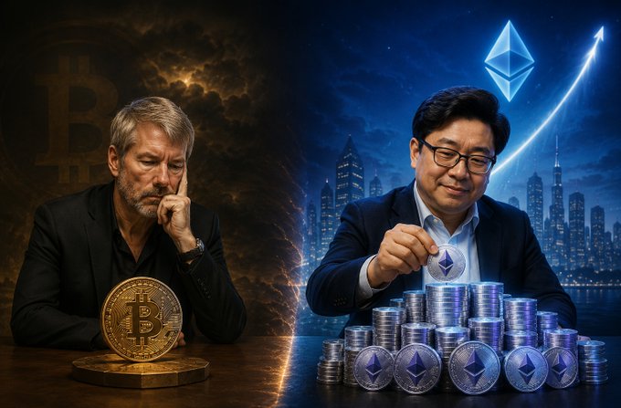 The image is a split composition showing two men representing contrasting crypto strategies: on the left, a contemplative figure sits beside a Bitcoin coin against a stormy Bitcoin-symbol backdrop, symbolizing the yield-betting approach of Strategy (formerly MicroStrategy); on the right, a smiling man stacks Ethereum coins beneath the ETH logo and a rising arrow, representing a treasury-builder stance focused on surviving interest payments. This visualizes the post's theme of divergence—conviction-driven Bitcoin accumulation versus yield-driven Ethereum positioning playing out in real time.
