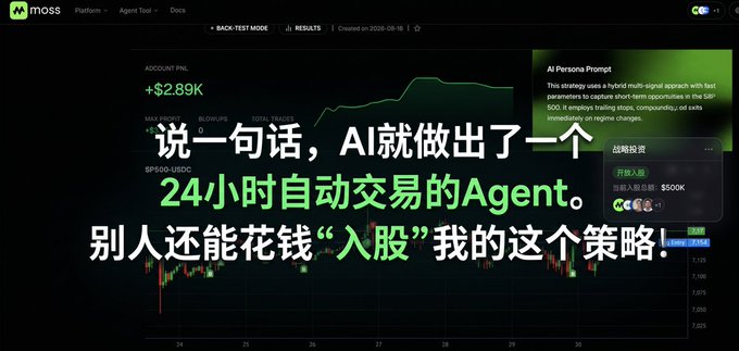 A promotional image for the Moss platform featuring Chinese text explaining that one sentence can create a 24-hour automatic trading AI Agent, showing an account P&L of +$2.89K and an AI Persona Prompt for SPX-USD trading.