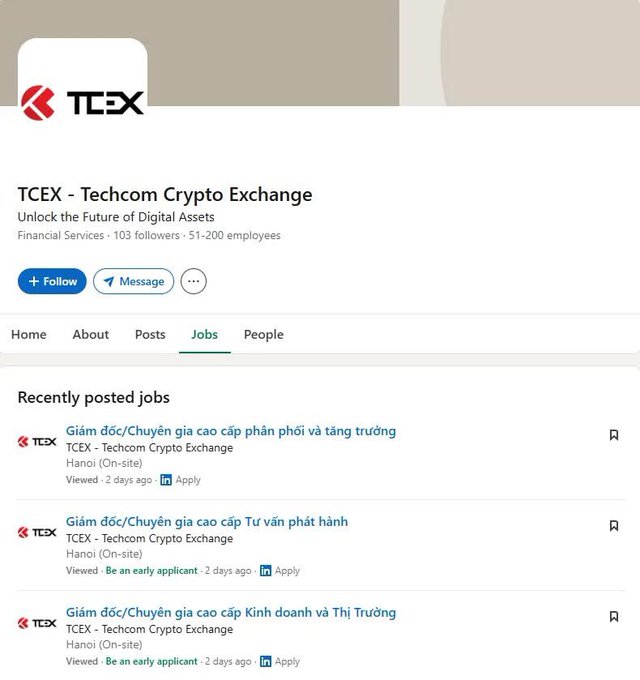 A LinkedIn-style company page for TCEX - Techcom Crypto Exchange displaying recent job postings including Director/Expert roles in Hanoi.