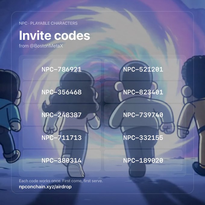 A promotional graphic for 'NPC · PLAYABLE CHARACTERS' invite codes from @BostonMetaX, featuring cartoon characters walking toward a glowing portal with codes like NPC-786921 and NPC-521201, and a URL to npconchain.xyz/airdrop.